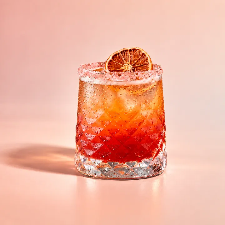 Cóctel Embrujo servido en vaso, con borde escarchado y rodaja de cítrico.