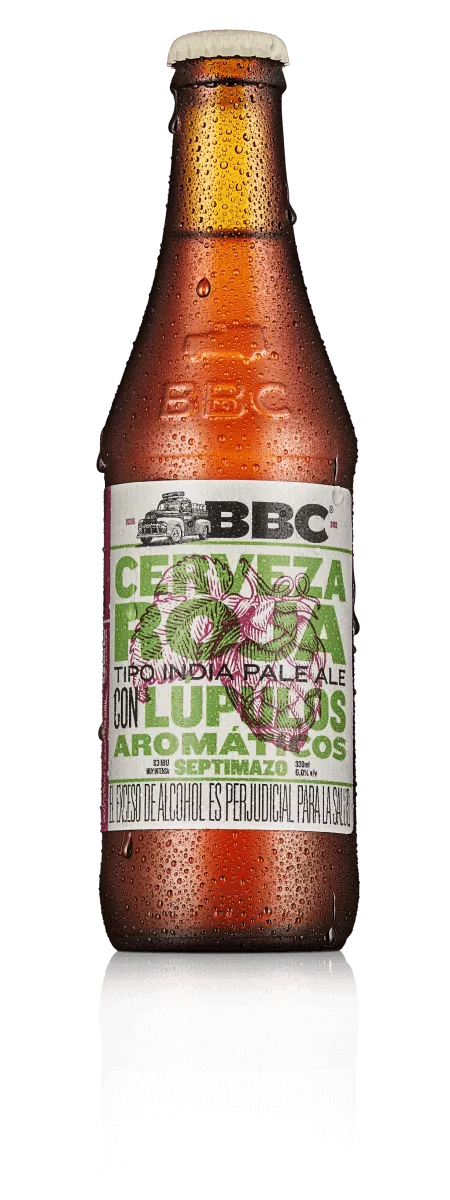Botella de Septimazo IPA Cerveza Roja; imagen de referencia de la variedad.